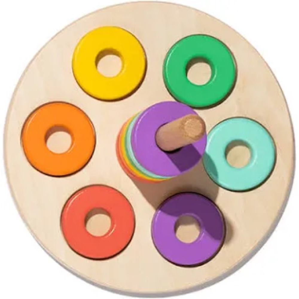 Yellow and Orange Learning Toy Puzzle with Colorful Rings and Natural Wood Base